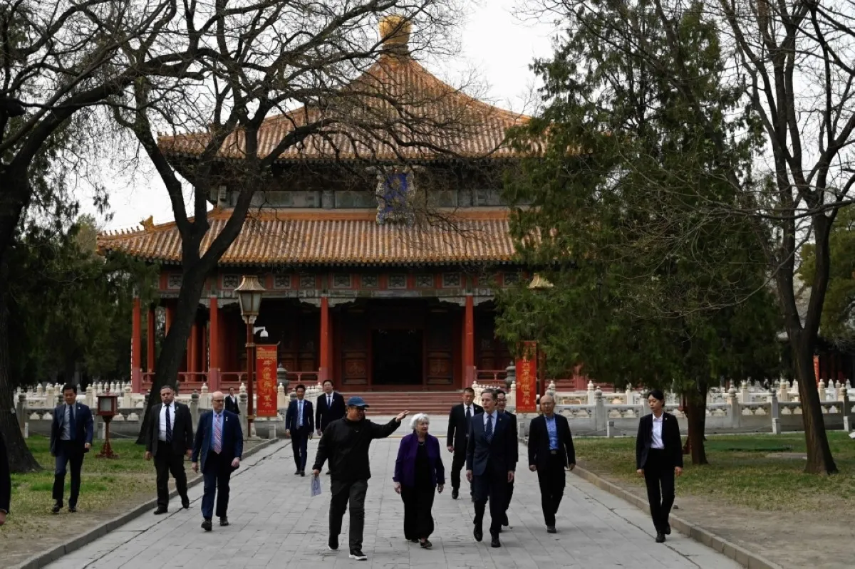 BEIJING: US Treasury Secretary Janet Yellen (center) visits the Imperial College at Guozijian in Beijing on April 8, 2024. - AFP