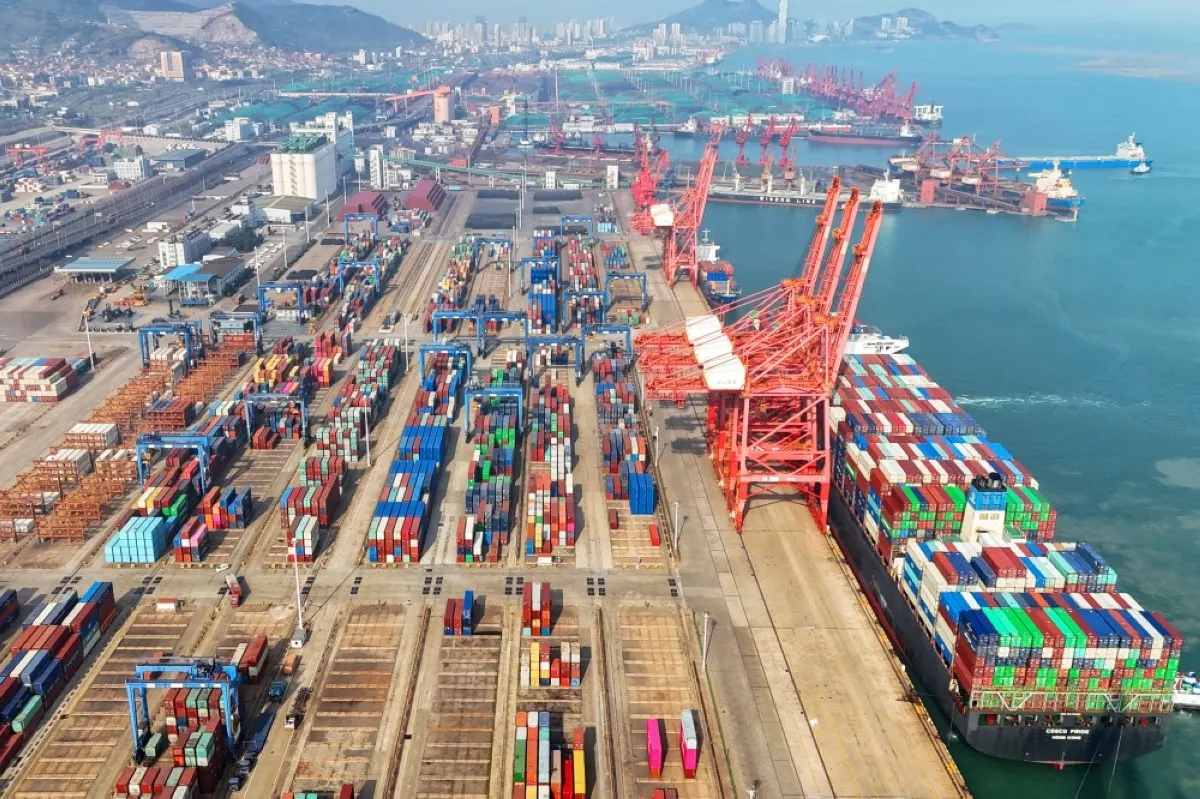 LIANYUNGANG: An aerial view shows shipping containers stacked at a port in Lianyungang, in eastern China’s Jiangsu province. - AFP