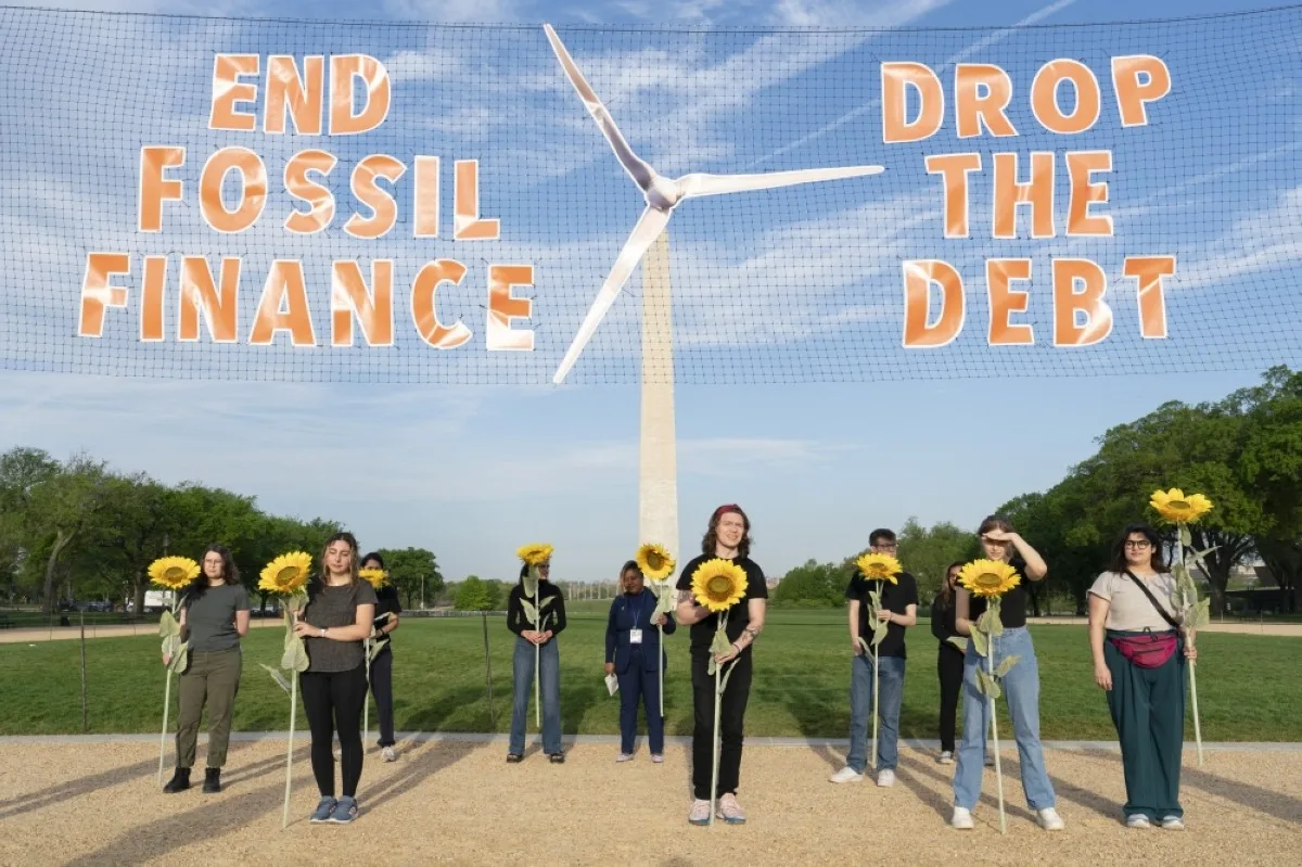 WASHINGTON: Global activists demonstrate on the first day of the IMF-World Bank Group spring meetings, near the Washington Monument in Washington, DC on April 15, 2024. – AFP