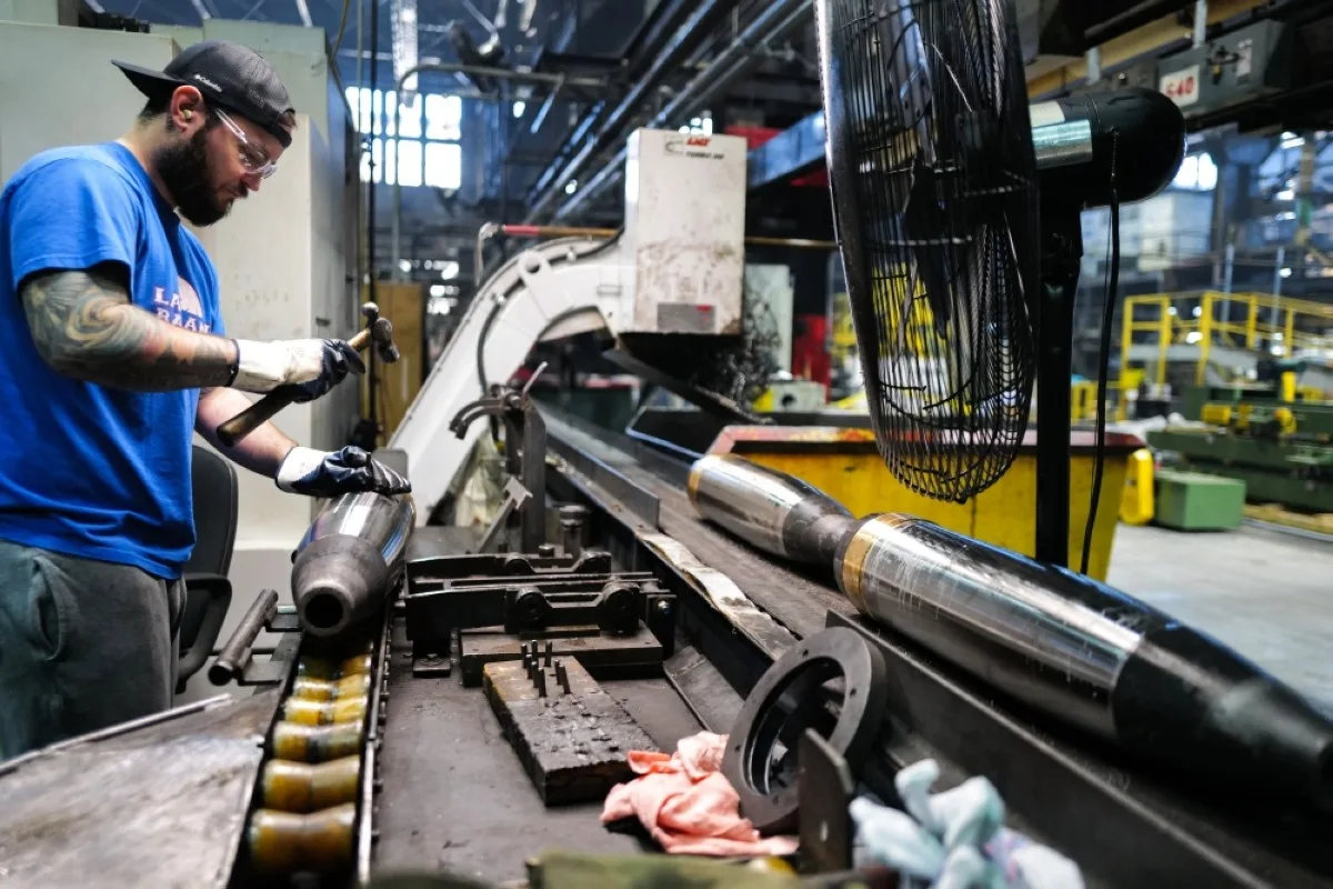 SCRANTON: An employee checks 155 mm caliber shells after the manufacturing process at the Scranton Army Ammunition Plant (SCAAP) in Scranton, Pennsylvania.
