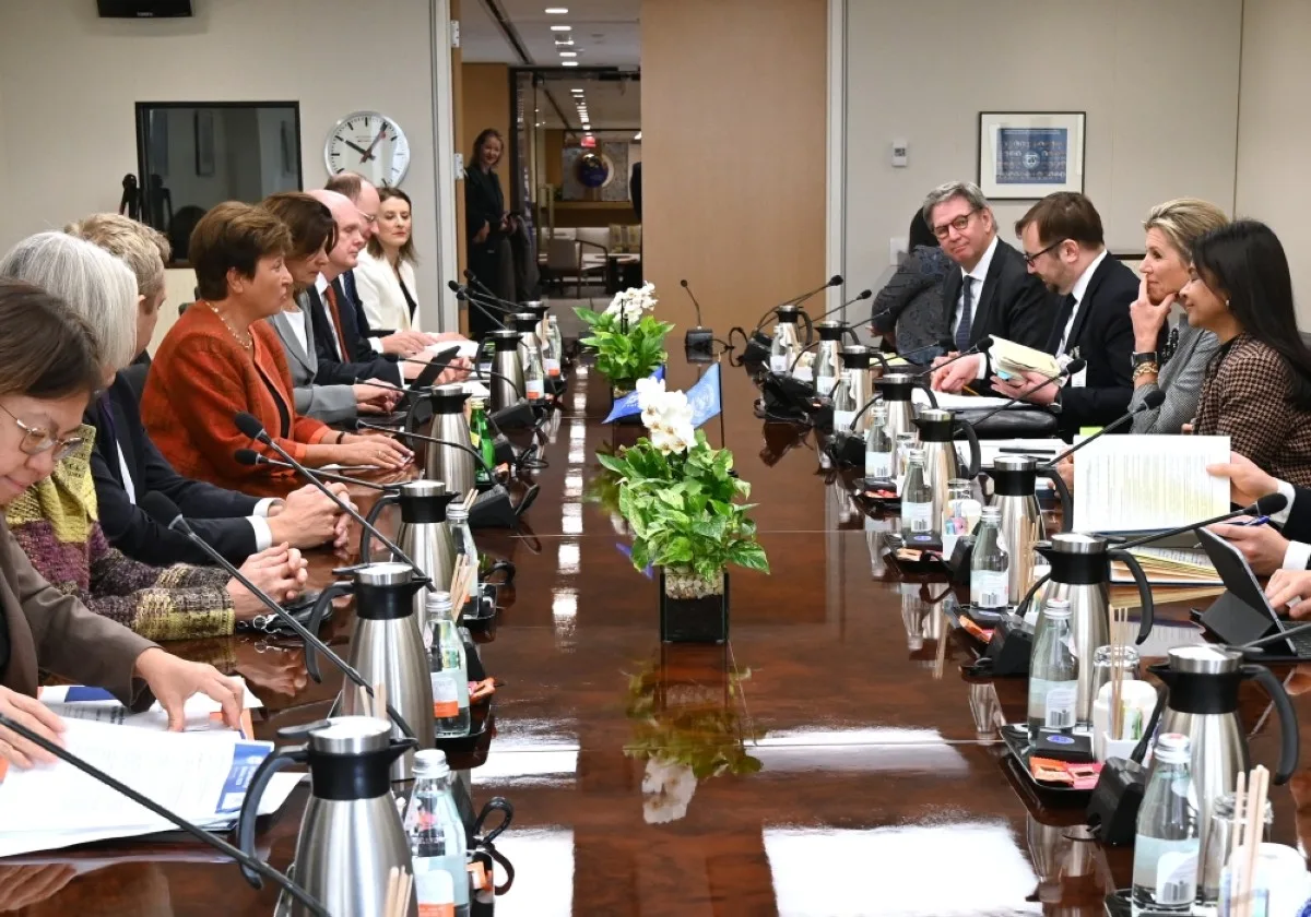 WASHINGTON: Queen Maxima of the Netherlands (2nd right) meets with International Monetary Fund (IMF) Director Kristalina Georgieva (4th left) at the IMF headquarters in Washington, DC.- AFP