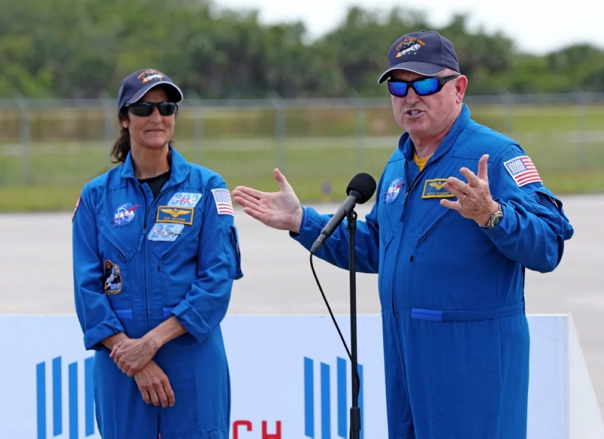CAPE CANAVERAL, Florida: NASA astronauts Butch Wilmore (right) and Suni Williams speak to the media at the Kennedy Space Center in Cape Canaveral, Florida. Launch day is finally here: Boeing's Starliner capsule blasts off May 6, 2024 to the International Space Station on its first crewed mission. –AFP