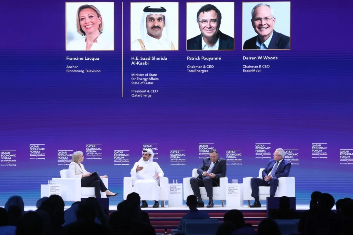 DOHA: Chairman and CEO of ExxonMobil Darren Woods (right), Chairman and CEO of TotalEnergies Patrick Pouyanné (second right) and Qatar's Minister of State for Energy Affairs and President & CEO of Qatar Energy Saad Sherida Al-Kaabi, attend a session at the Qatar Economic Forum in Doha on May 15, 2024. – AFP