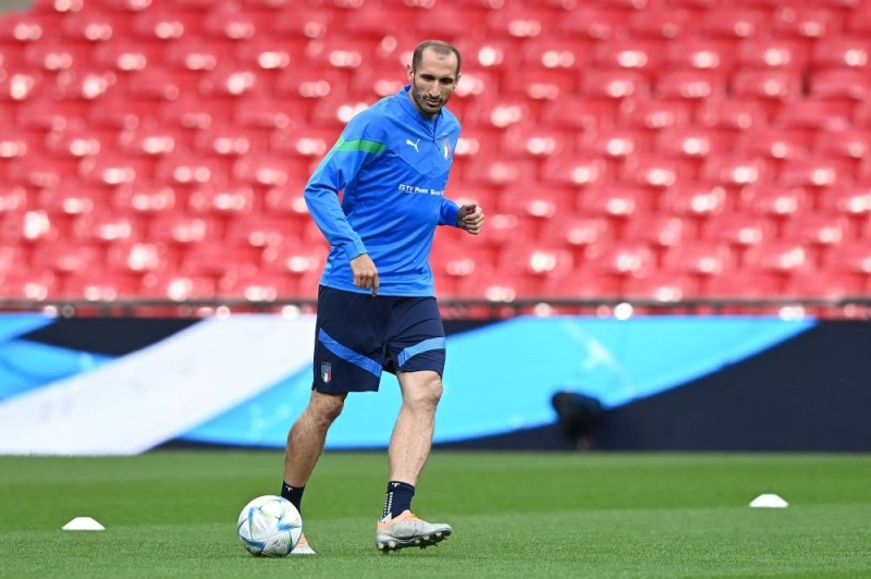 Bek Italia Giorgio Chiellini menghadiri sesi latihan tim di Stadion Wembley pada 31 Mei 2022. - AFP Bek Italia Giorgio Chiellini menghadiri sesi latihan tim di Stadion Wembley pada 31 Mei 2022. - AFP