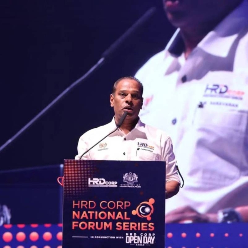 Human Resources Minister Datuk Seri M Saravanan delivers a speech at the HRD Corp Open Day at the Sabah International Convention Centre, June 16, 2022. — Picture from Facebook/Datuk Seri M Saravanan