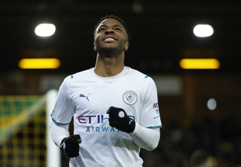 Manchester City's Raheem Sterling celebrates scoring their fourth goal to complete his hat-trick against Norwich February 12, 2022. — Reuters pic