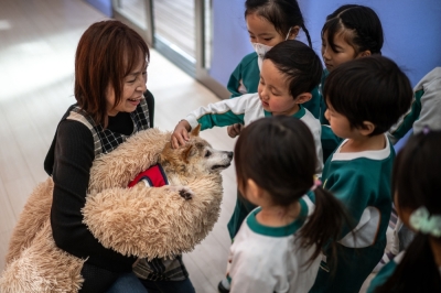 Japanese dog of ‘Doge’ meme fame dies This picture taken on March 19, 2024 shows Atsuko Sato (left) with her Japanese shiba inu dog Kabosu, best known as the logo of cryptocurrency Dogecoin, playing with students at a kindergarten in Narita, Chiba prefecture, east of Tokyo.