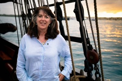 In Darwin's footsteps: Scientists recreate historic 1830s expedition Sarah Darwin, descendant of Charles Darwin, poses for a picture onboard the long tall ship Oosterschelde in Puerto Ayora, Galapagos. ― AFP pic