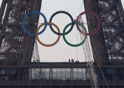 Paris hangs its Olympic rings on the Eiffel Tower The Olympic rings are seen on the Eiffel Tower before an unveiling ceremony in Paris, early on June 7, 2024, ahead the upcoming Paris 2024 Olympic Games. — AFP pic