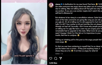 Singaporean influencer Xiaxue under fire after backlash over Thai sex worker remarks (VIDEO) Forced to do damage control, Xiaxue released an apology video claiming the clip was taken out of context. — Screengrab from Instagram/xiaxue
