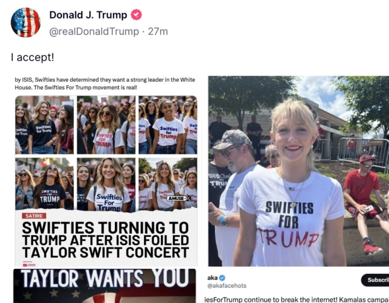 Trump shares fake AI posts of Taylor Swift fans endorsing him Trump shares fake AI posts of Taylor Swift fans endorsing him