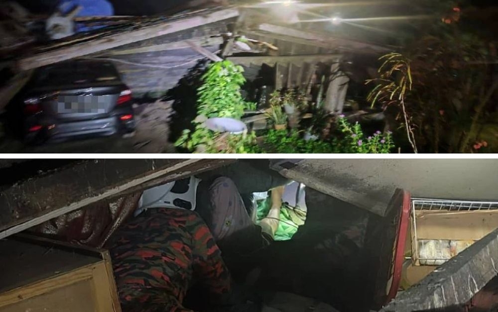 Firefighters rescue elderly woman trapped in rubble after house collapse Lawas, five others escape with minor injuries This combination picture shows the condition of the collapsed house and firefighters rescuing the victim trapped in Kampung Banting, Lawas, early this morning. — Picture courtesy of JBPM