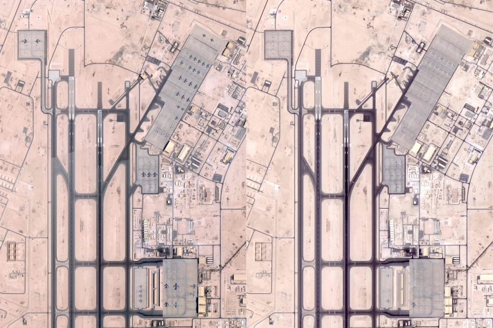 Satellite images reveal empty tarmac at major US air base in Qatar This combination of handout satellite photos obtained from Planet Labs PBC on June 19, 2025, of a photo taken on June 5, 2025 (left) shows military planes at the US military base of Al-Udeid in Qatar, and a photo taken June 19, 2025 (right) showing no more planes at the US military base of Al-Udeid in Qatar, one of the main US bases in the region. — Handout via AFP