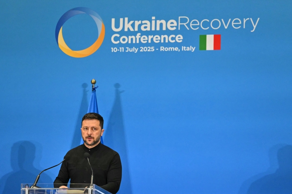 US senators push bipartisan ‘sledgehammer’ sanctions bill as Trump slams Putin over Ukraine war Ukrainian President Volodymyr Zelensky speaks during a press conference at the Ukraine Recovery Conference 2025 (URC2025) at the Roma Convention Centre. — AFP pic