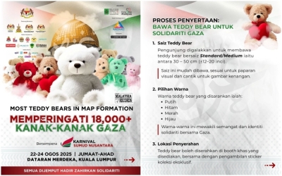 Thousands of teddy bears to form Palestine map at Dataran Merdeka in record-breaking show of Gaza solidarity As a sign of solidarity with more than 18,000 children killed in Gaza due to Israel’s unrelenting brutality, thousands of teddy bears will be gathered in the shape of a giant map of Palestine at Dataran Merdeka this weekend. — Picture via Facebook/Sumud Nusantara