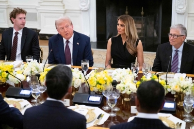 US tech giants shower Trump with praise at exclusive White House dinner — Zuckerberg, Cook and Gates among the guests US President Donald Trump and First Lady Melania Trump host tech leaders, including Facebook founder Mark Zuckerberg and Microsoft founder Bill Gates for a dinner in the State Dining Room of the White House in Washington, DC, on September 4, 2025. — AFP pic