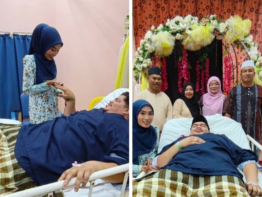 Broken thigh, broken jaw, but wedding vows still go on in Kuala Krai hospital Che Muhammad Rifqi Danial Che Alias and Nur Sufia Amalin Che Ramli (left pic) with and a group photo with their parents during the akad nikah at the Sultan Ismail Petra Hospital in Kuala Krai, Kelantan on September 5, 2025. — Pictures from Facebook/Hospital Sultan Ismail Petra