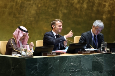 France’s Macron defies Israel, recognises Palestinian state at landmark UN summit Saudi Arabia’s Foreign Minister Faisal bin Farhan Al Saud (left) and France’s President Emmanuel Macron (centre) gesture as they co-chair a United Nations Summit on Palestinians at the UN headquarters in New York September 22, 2025. — AFP pic