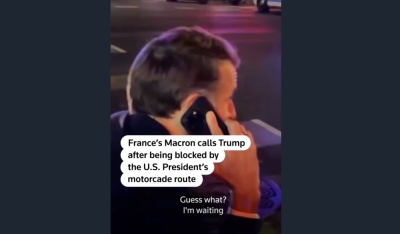 ‘Guess what?’ Macron calls Trump after being blocked by US president’s motorcade (VIDEO) A screenshot shows Macron calling Trump from a New York sidewalk to joke that a police officer stopped him from crossing because of the US president’s motorcade.