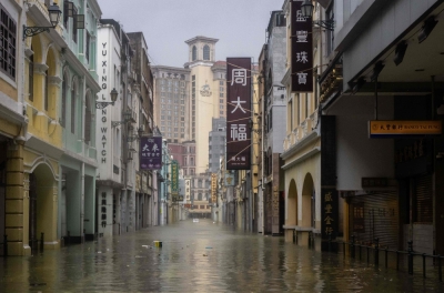 Typhoon Ragasa makes landfall in southern China, according to weather service Flooding is seen in the San Ma Lo commercial area during the passage of Super Typhoon Ragasa in Macau on September 24, 2025. — AFP pic