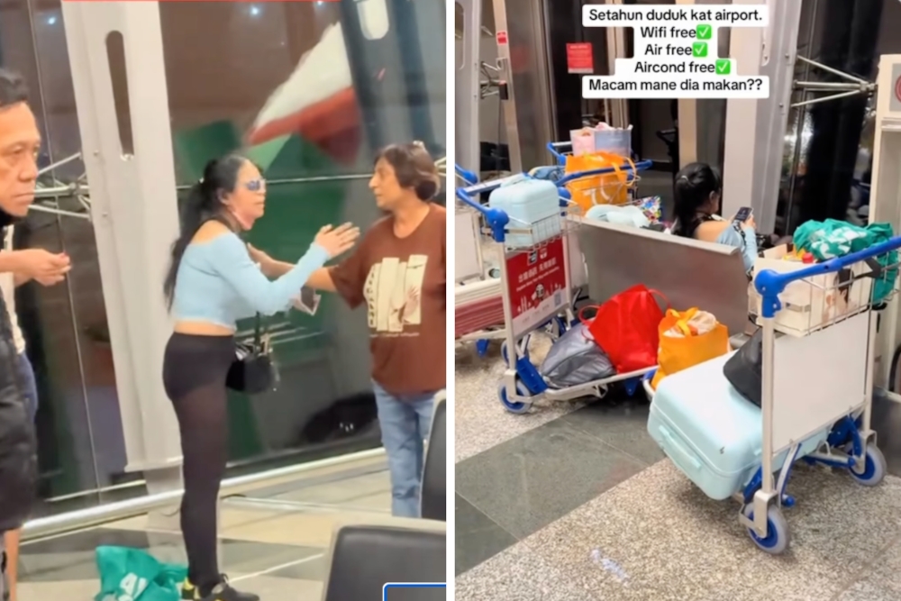 Video claims foreign woman has lived at KLIA for a year; authorities yet to comment A passenger appears to try and calm the seemingly agitated woman, dressed in blue (left). The woman is pictured sitting in one of the seating areas in the airport. Her belongings are pictured around her, on luggage carts. — Screengrab from social media