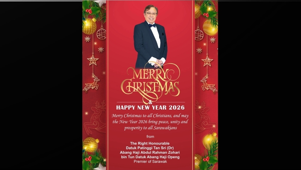 Christmas message from Abang Jo highlights surplus budget and bold vision for Sarawak’s growth Abang Johari wishes everyone a Merry Christmas and Happy New Year. — Picture via Facebook/Sarawakku