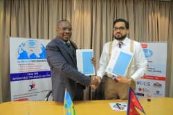 L-R: Jerry Were, the founder of Hospitality Stars Academy, and Dr Roshan Rathi, the co-founder of the LCCI Global Qualifications, after signing the partnership agreement in Kigali on August 29, 2022.