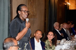 First Lady Jeannette Kagame speaks at a dinner themed &#039;Partnering for Change&#039; in Sweden on September 14.  She exchanged with guests about Rwanda&#039;s transformation journey and the contribution of the Imbuto Foundation. Courtesy