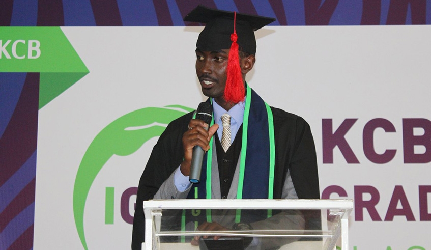 The representative of graduates speaks during the graduation ceremony in Kigali yesterday.