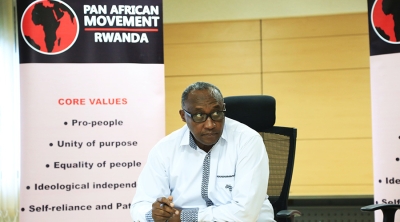 The Chairperson of the Pan African Movement (PAM u2013 Rwanda) Protais Musoni addresses media. / Sam Ngendahimana