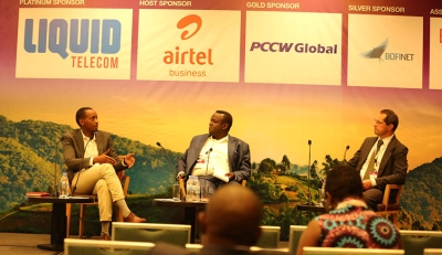 Broadband Systems Cooperation chief executive Christian Muhirwa (left) makes a point during a panel discussion at the just-concluded Capacity Africa Conference in Kigali on Thursday. Sam Ngendahimana.