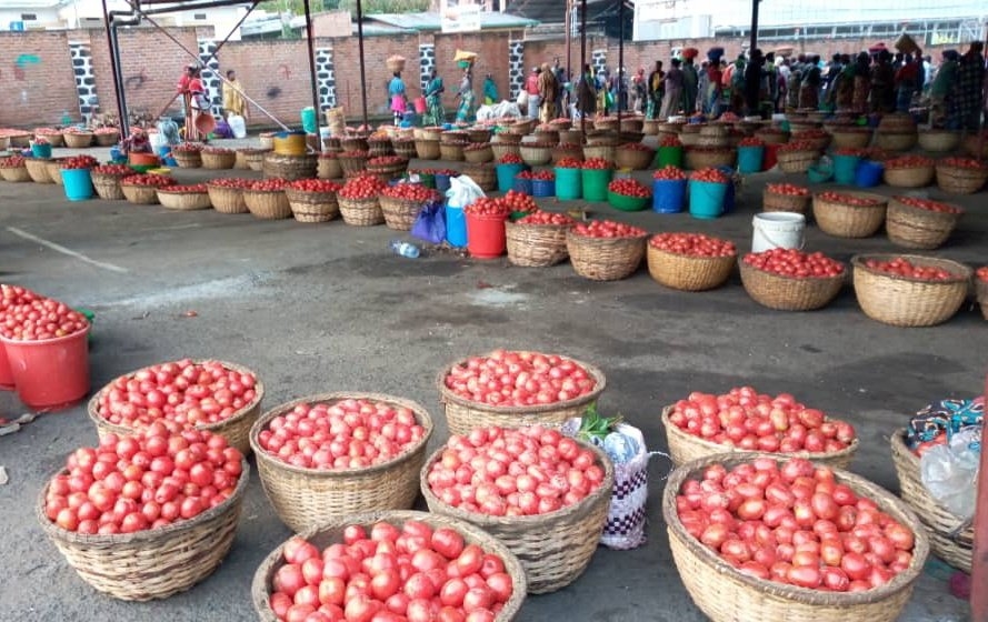 Baskets of tomatoes at the makeshift market at Musanze Bus Park on Saturday, April 4. 