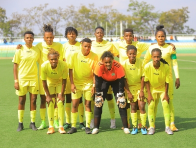 AS Kigali women football team pose for a group photo before a past tie. The team is in Tanzania to participate in the CAF Womenu2019s Champions League. 