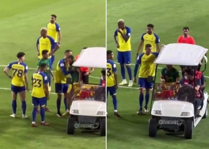 شاهد رونالدو يغضب على لاعب الخليج المصاب ويحمله على مقاعد العربة بالقوة