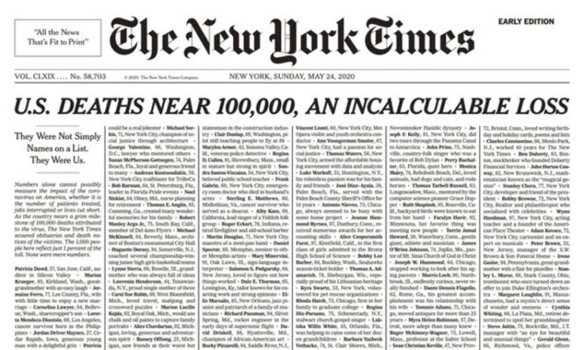 «نيويورك تايمز» تخصص صفحتها الأولى لضحايا «كورونا»