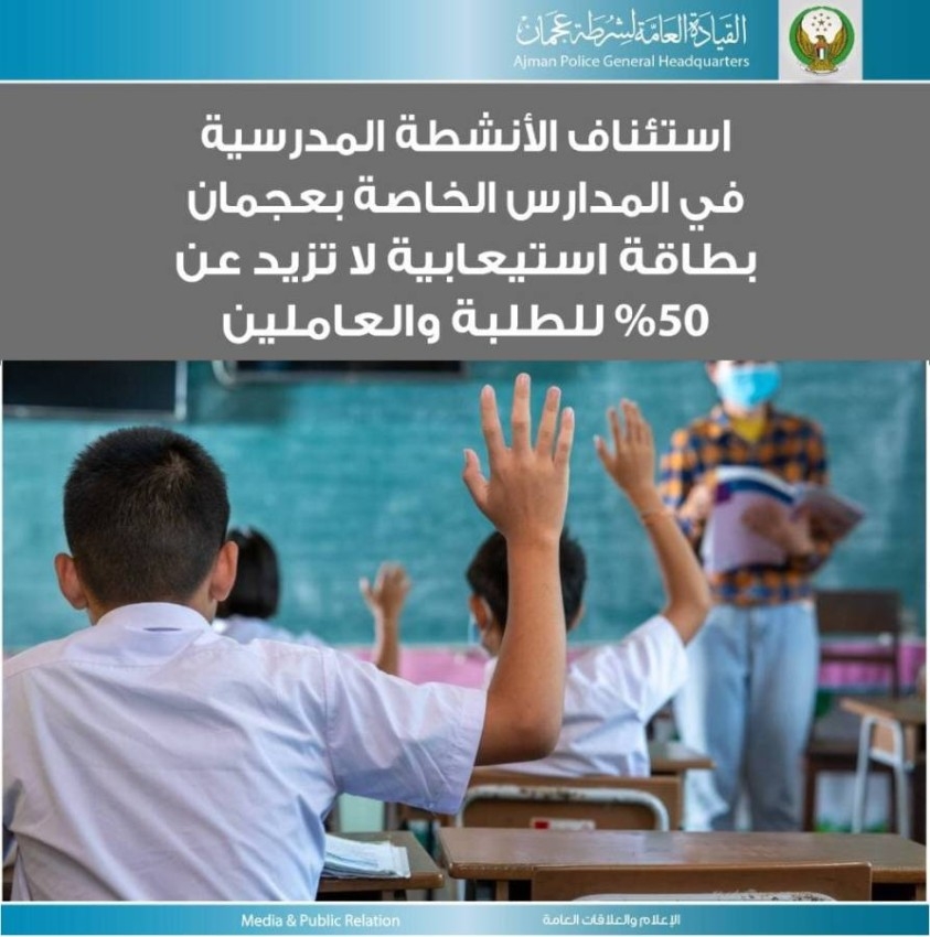 استئناف الأنشطة في المدارس الخاصة بعجمان بطاقة 50% للطلبة والعاملين
