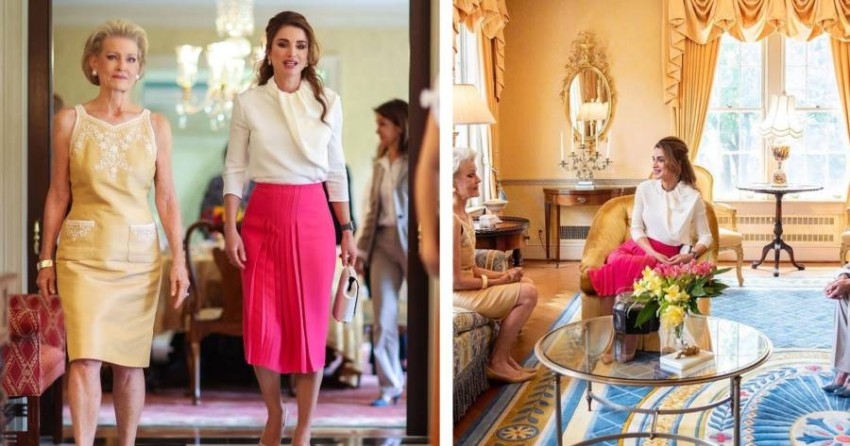 الملكة رانيا مشعة بالأبيض والفوشيا في ثاني أيام زيارتها للبيت الأبيض