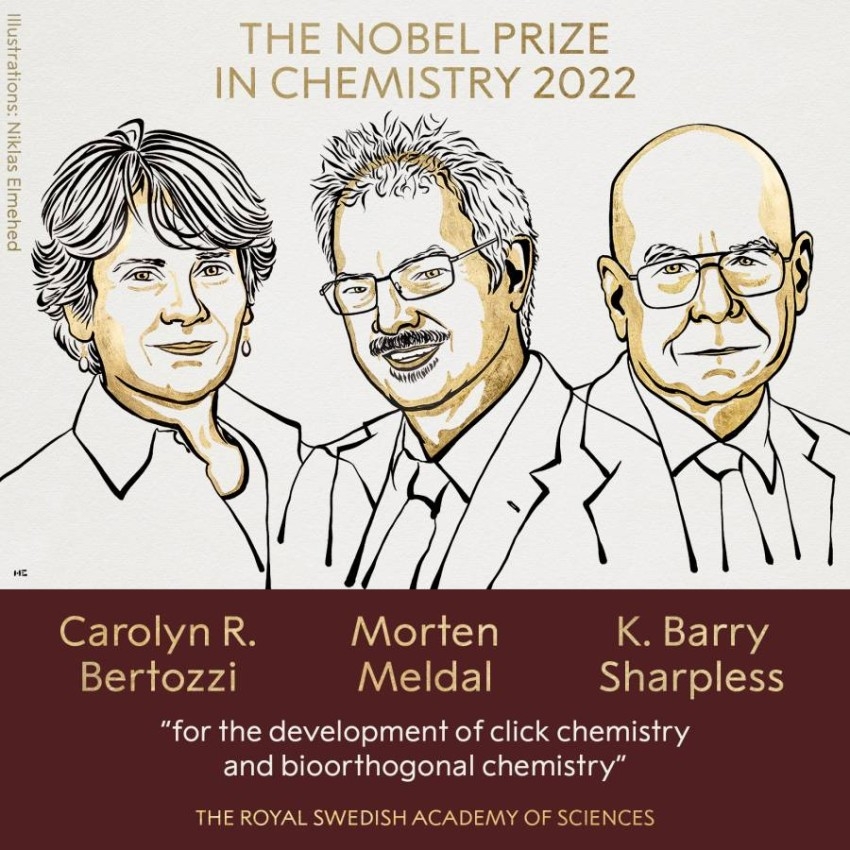 فوز كارولين آر. بيرتوزي ومورتن ميلدال وكيه. باري شاربليس بجائزة نوبل للكيمياء لعام 2022