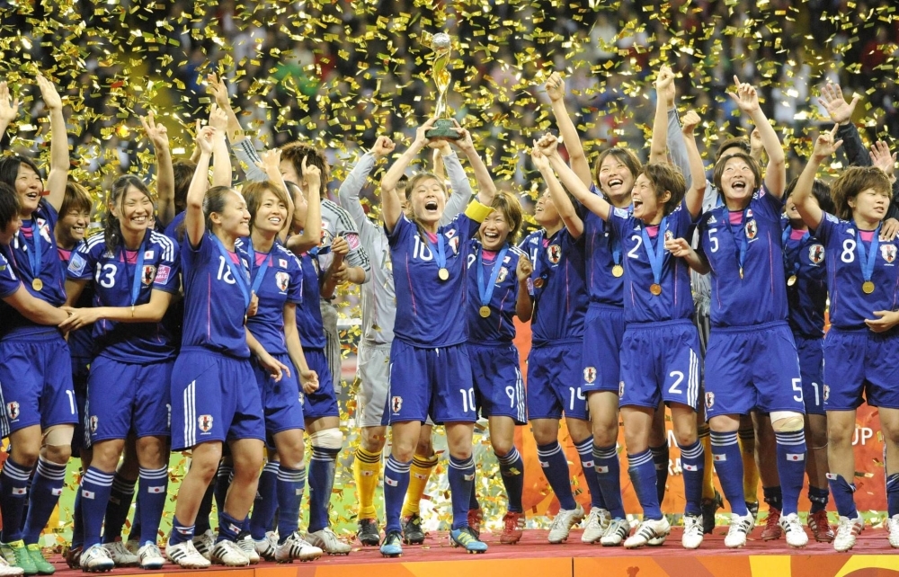 Nadeshiko Japan celebrates after defeating the United States in the 2011 Women's World Cup final in Frankfurt, Germany.