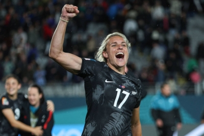 New Zealand's Hannah Wilkinson celebrates after her teams victory over Norway at the Women's World Cup in Auckland on Thursday.
