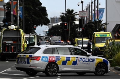 Police cordon off an area near the site of a shooting in Auckland on Thursday.