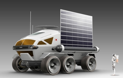 An artist's conception of a manned lunar rover using regenerative fuel cell technology 
