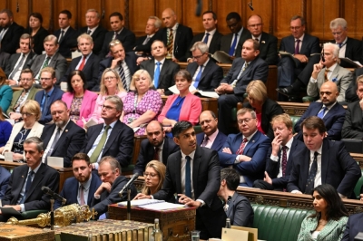 British Prime Minister Rishi Sunak speaks during Prime Minister's Questions, at the House of Commons in London on Wednesday.