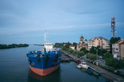 A cargo vessel on the Sulina Channel en route to the Danube River, in Romania