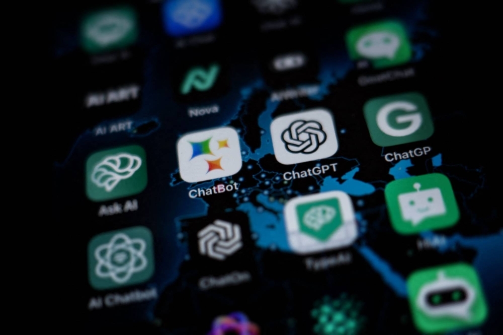 Icons of Google's Artificial Intelligence app BardAI (or ChatBot), OpenAI's app ChatGPT and other AI apps are displayed on a smartphone screen.