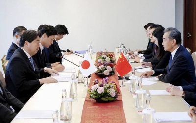 Foreign Minister Yoshimasa Hayashi meets with his Chinese counterpart, Wang Yi, on Friday in Jakarta. 