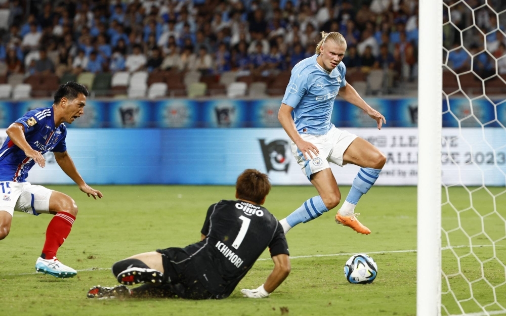 Manchester City's Erlind Haaland scores his team's fifth goal against Yokohama F. Marinos during the J. League World Challenge at Tokyo's National Stadium on Wednesday.