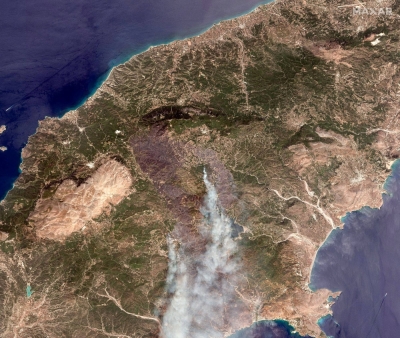 A satellite image showing an overview of Rhodes wildfires, Greece, on Sunday.
