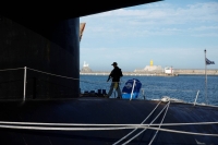 A crew patrols on the deck of U.S. Ballistic Missile Submarine USS Kentucky anchored at Busan Naval Base, in Busan, South Korea, on July 19. | REUTERS