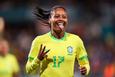 Brazil midfielder Ary Borges celebrates her hat trick during the team's 2023 FIFA Women's World Cup opener against Panama in Adelaide, Australia, on Monday.